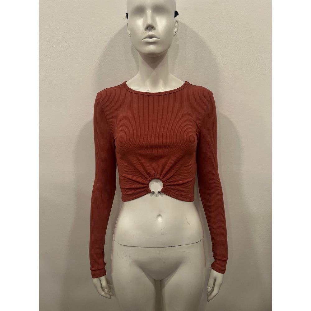 Elodie Crop Top Women Size S Rust Excellent Ribbed O-Ring Long Sleeve Cutout